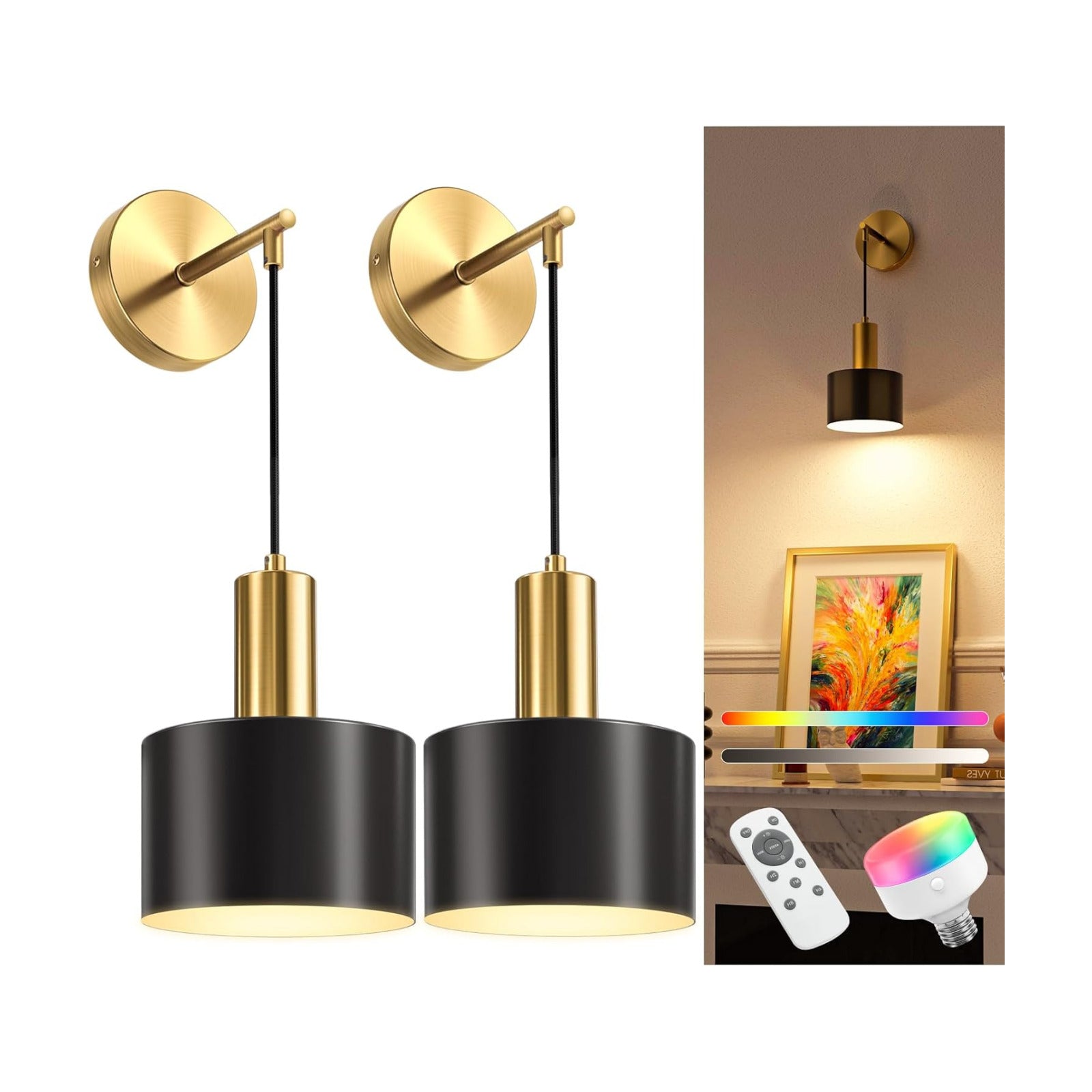 Battery Operated Wall Sconce Set of 2, Gold & Black Wireless Rechargeable Wall Lights with 5200mAh Dimmable Detachable