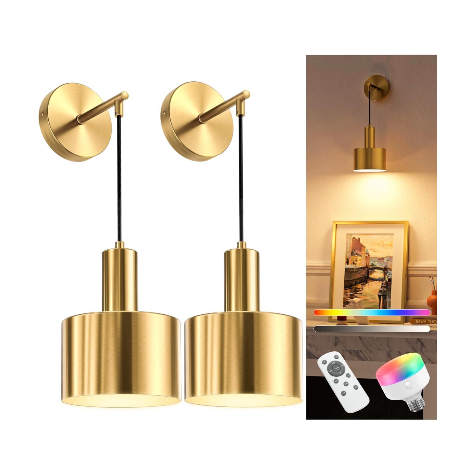 Battery Operated Wall Sconce Set of 2, Gold Wireless Rechargeable Wall Lights with 5200mAh Dimmable Detachable Bulbs