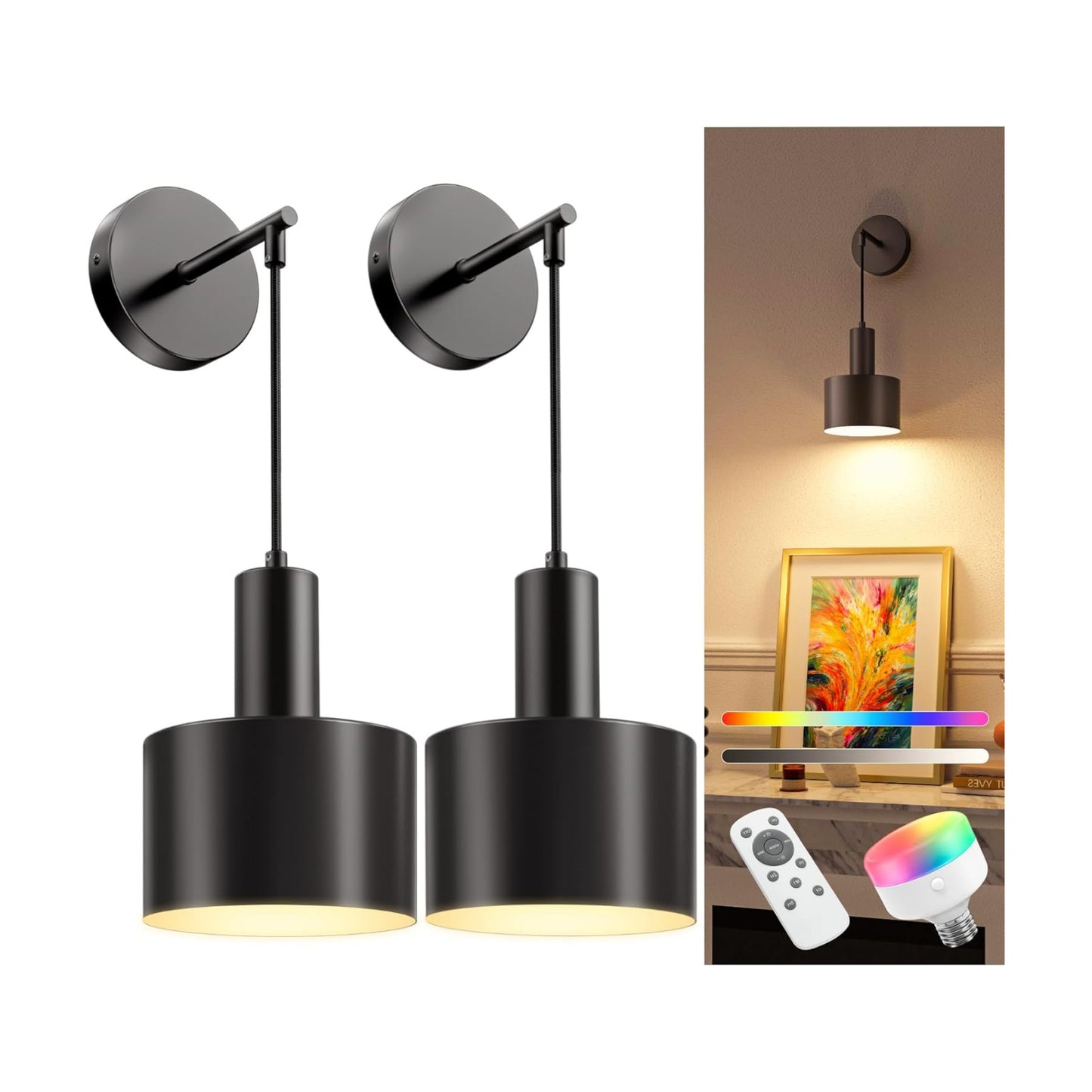Battery Operated Wall Sconce Set of 2, Black Wireless Rechargeable Wall Lights with 5200mAh Dimmable Detachable Bulbs