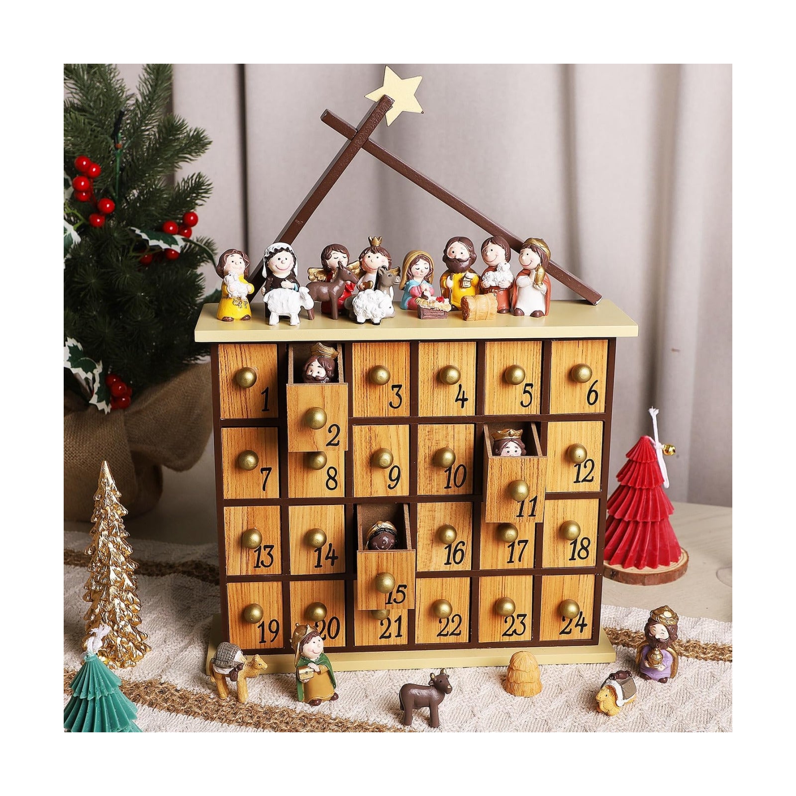 Juegoal Nativity Advent Calendar, Countdown to Christmas Advent Calendar with 24 Pieces Figures & 24 Drawers, Christian
