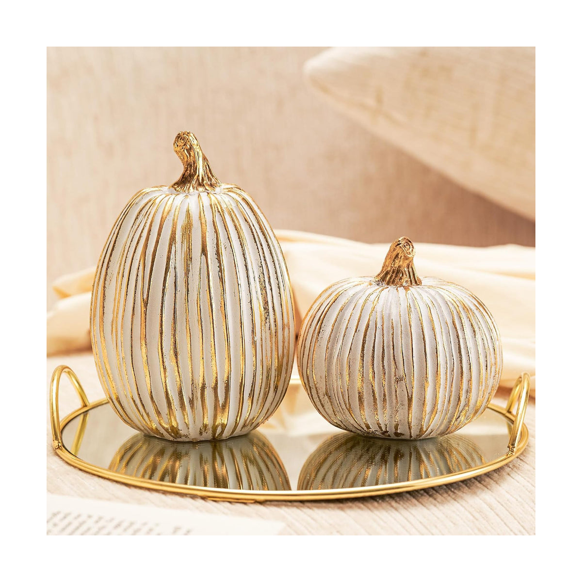 DN DECONATION White and Gold Fall Pumpkin Decoration for Table Centerpieces