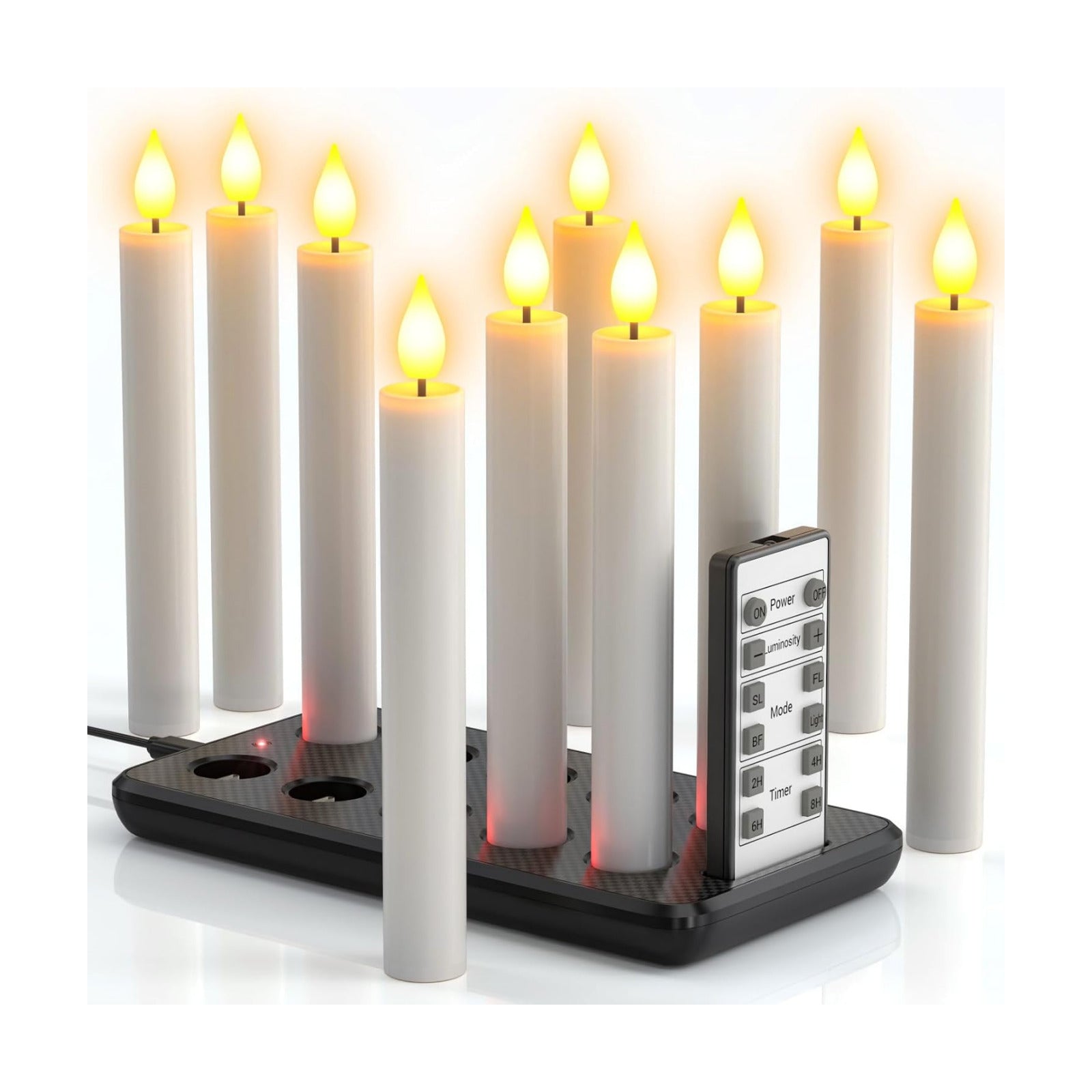 PChero Rechargeable Flameless Taper Candles with Charging Station, 10 Pack | 0.78*6.7, 200H+ Runtime, LED Candles