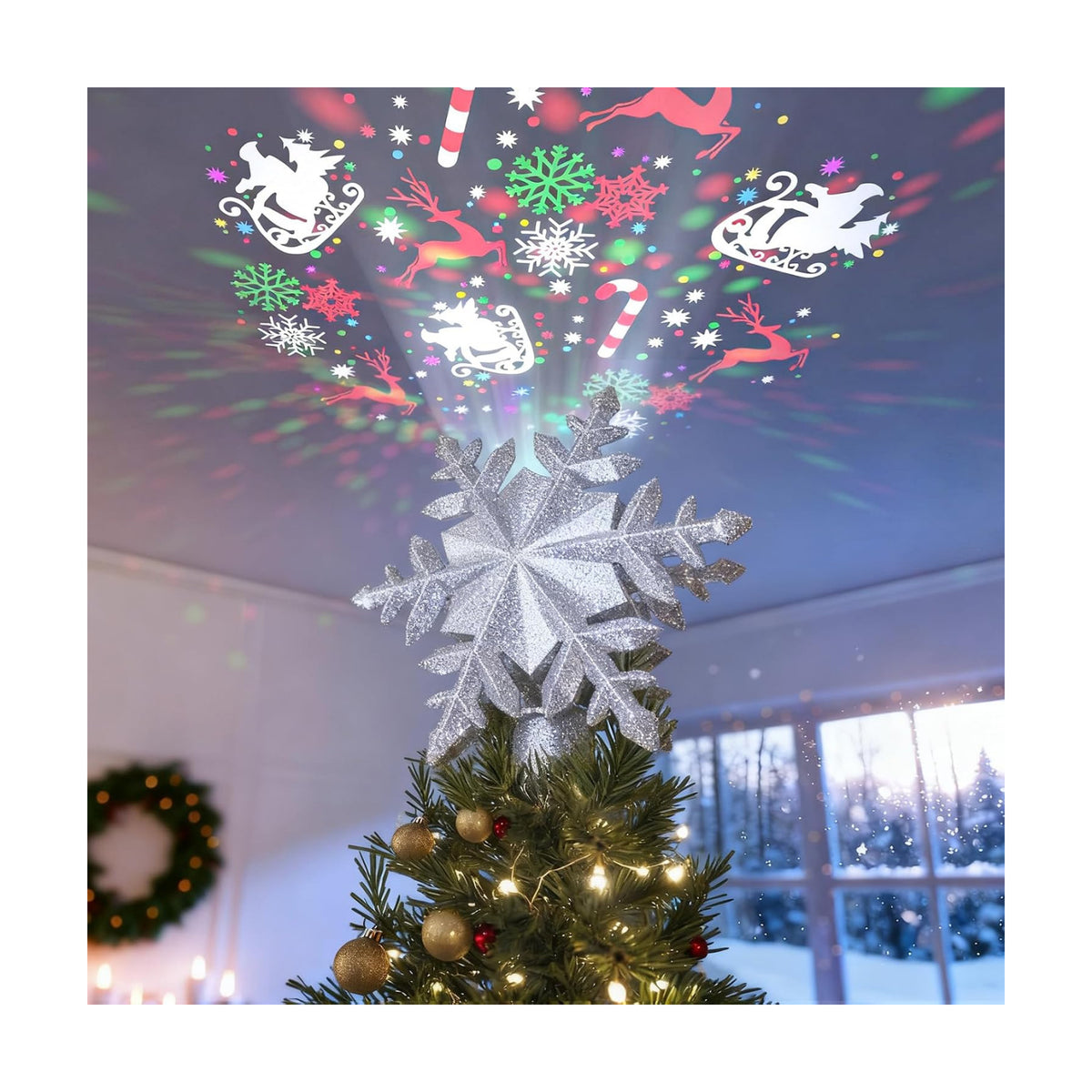 DG-Direct Christmas Tree Topper with 6 Rotating Projection Patterns, Silver