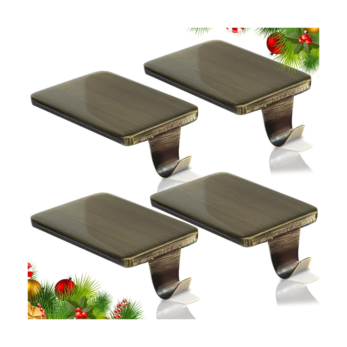 HMASYO Christmas Stocking Holders for Mantle Set of 4, Heavy Duty Cast Iron Stocking Hangers Base, Low Profile Weighted Stocking Holder Hooks for Fireplace Tabletop Shelf Christmas Decoration, Bronze