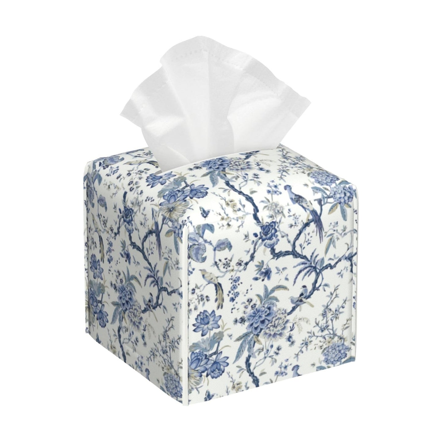 Tissue Box Cover Leather Tissue Box Holder Square Facial Paper Organizer / Blue Flower and Bird