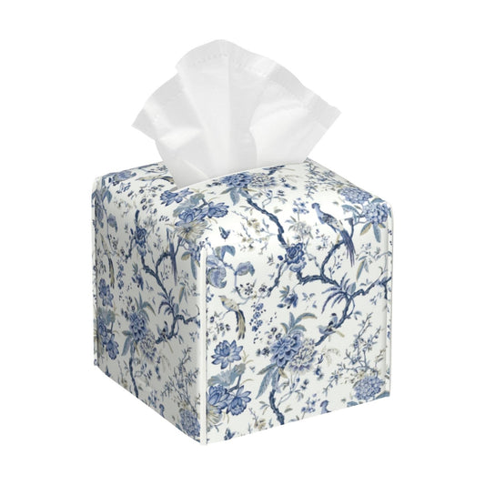 Tissue Box Cover Leather Tissue Box Holder Square Facial Paper Organizer / Blue Flower and Bird