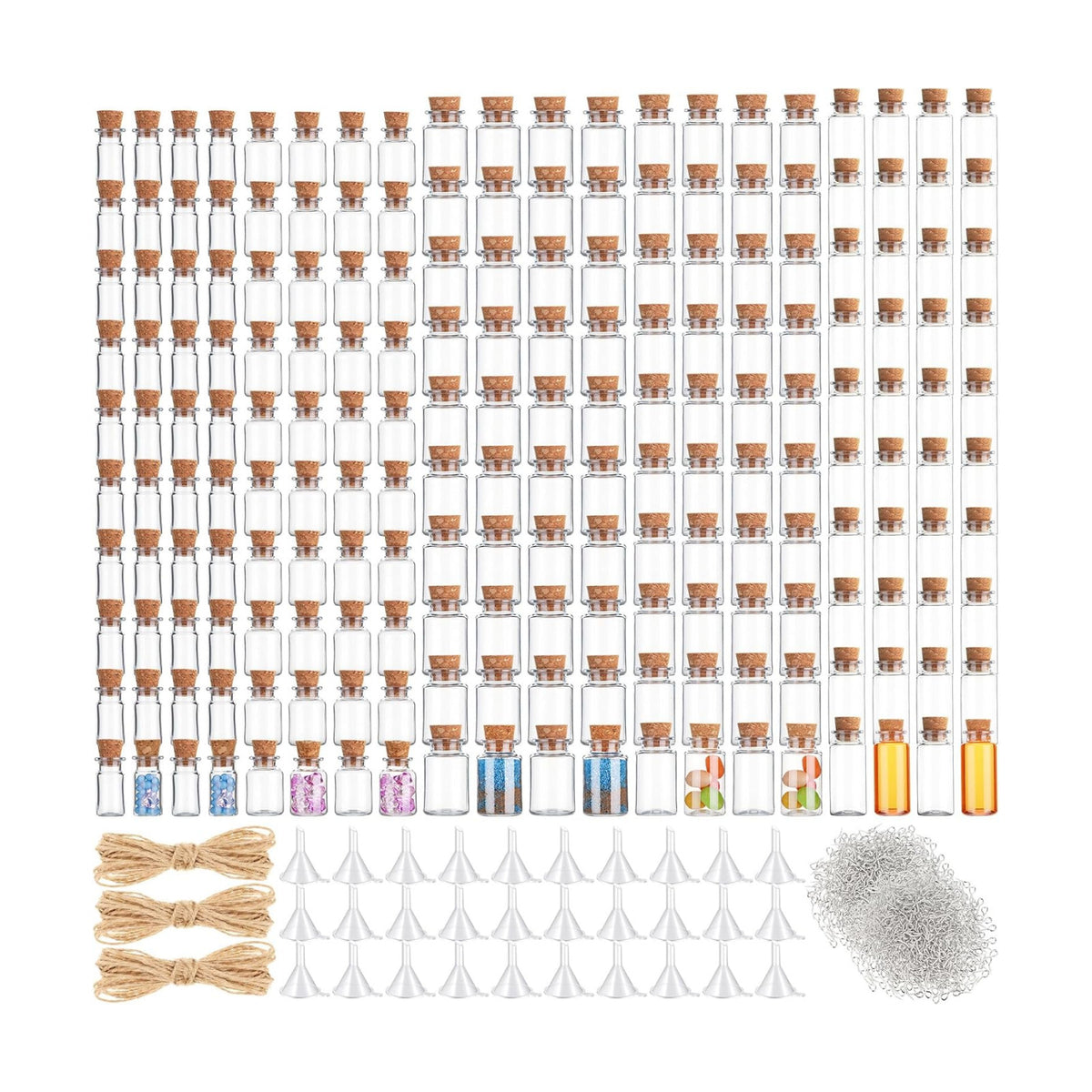 Bokon 200 Packs Mini Plastic Bottles with Corks Funnels Eye Screws