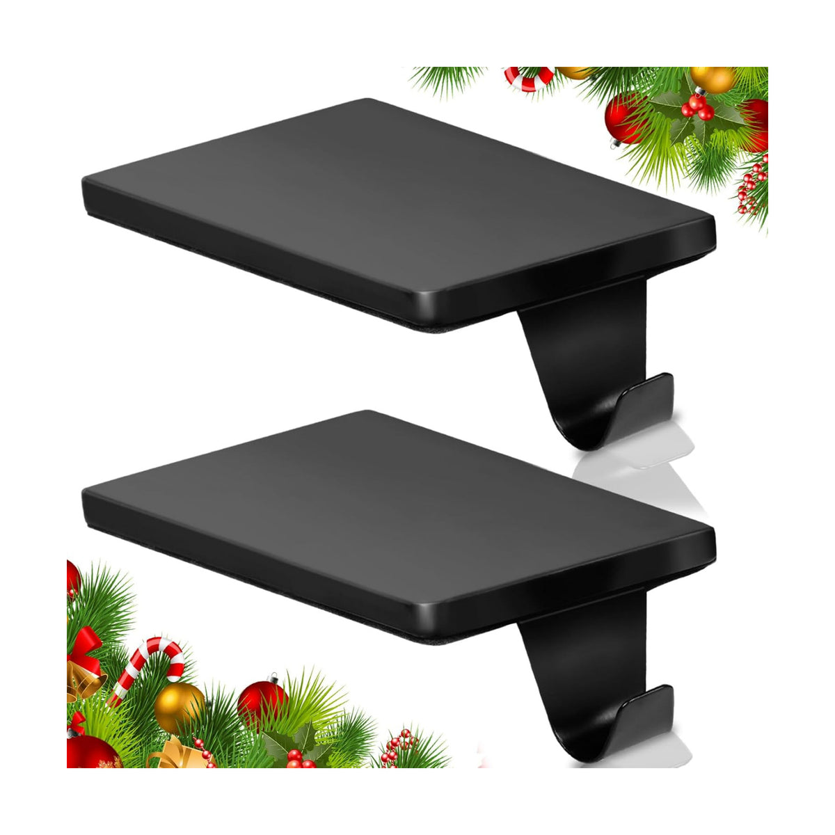 HMASYO Christmas Stocking Holders for Mantle Set of 2, Black Heavy Duty Iron Stocking Hangers Base, Low Profile Weighted Stocking Holder Hooks for Fireplace Tabletop Shelf Christmas Decoration