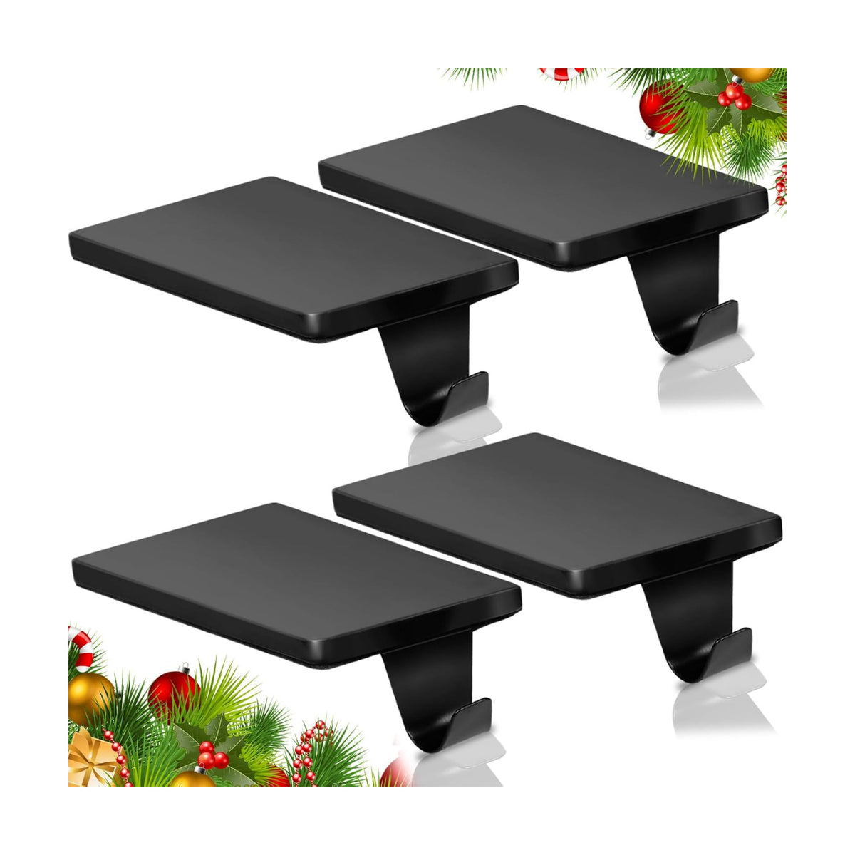 HMASYO Christmas Stocking Holders for Mantle Set of 4, Black Heavy Duty Iron Stocking Hangers Base, Low Profile Weighted Stocking Holder Hooks for Fireplace Tabletop Shelf Christmas Decoration