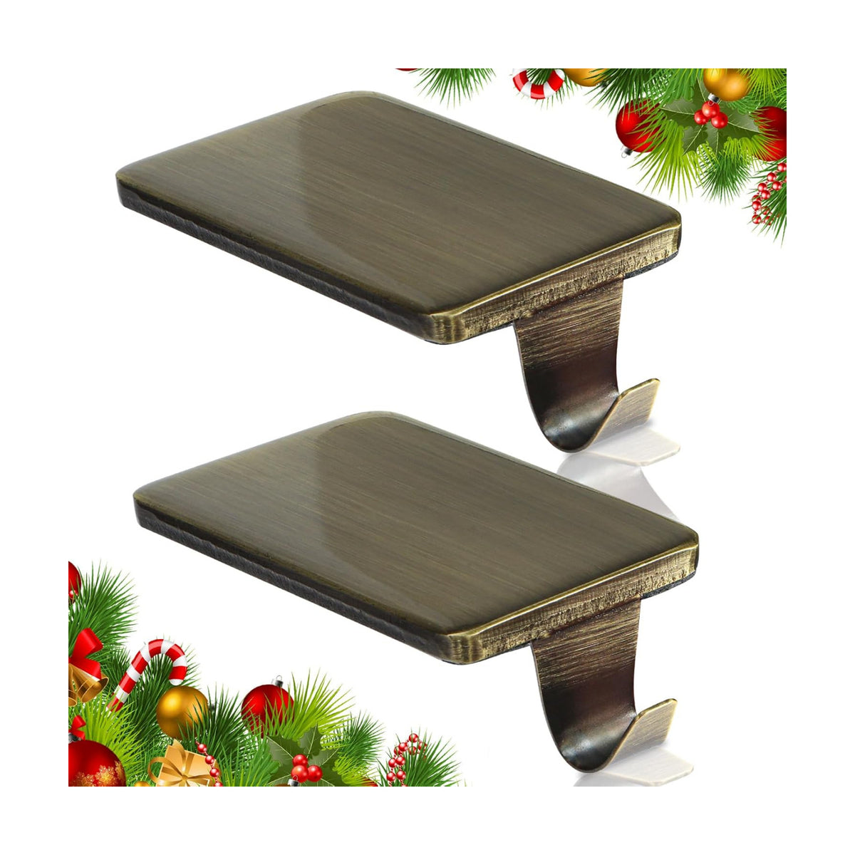 HMASYO Christmas Stocking Holders for Mantle Set of 2, Heavy Duty Cast Iron Stocking Hangers Base, Low Profile Weighted Stocking Holder Hooks for Fireplace Tabletop Shelf Christmas Decoration, Bronze