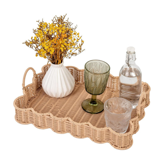 Scalloped Edge Rectangle Wicker Serving Tray / Nude Color