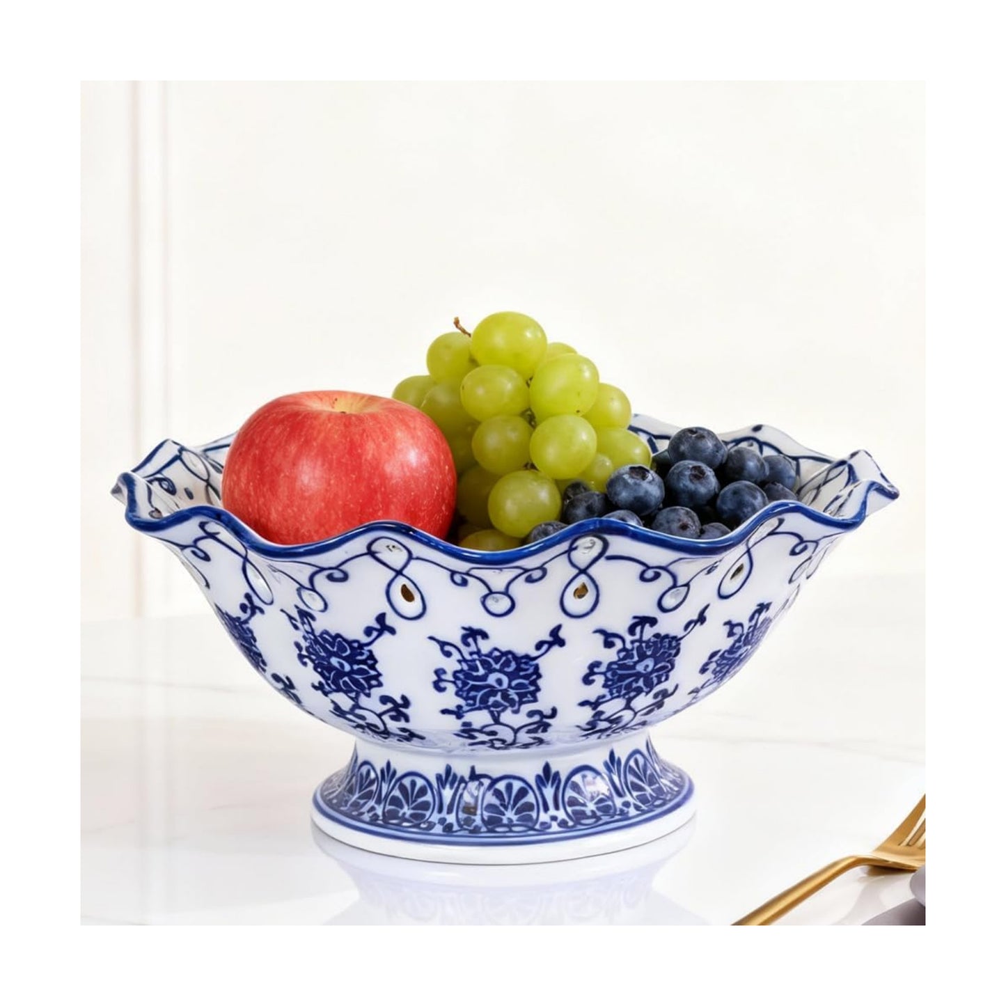 9.5" Large Ceramic Fruit Pedestal Bowl / Medium / Floral / Blue