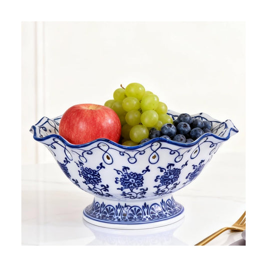 9.5" Large Ceramic Fruit Pedestal Bowl / Medium / Floral / Blue