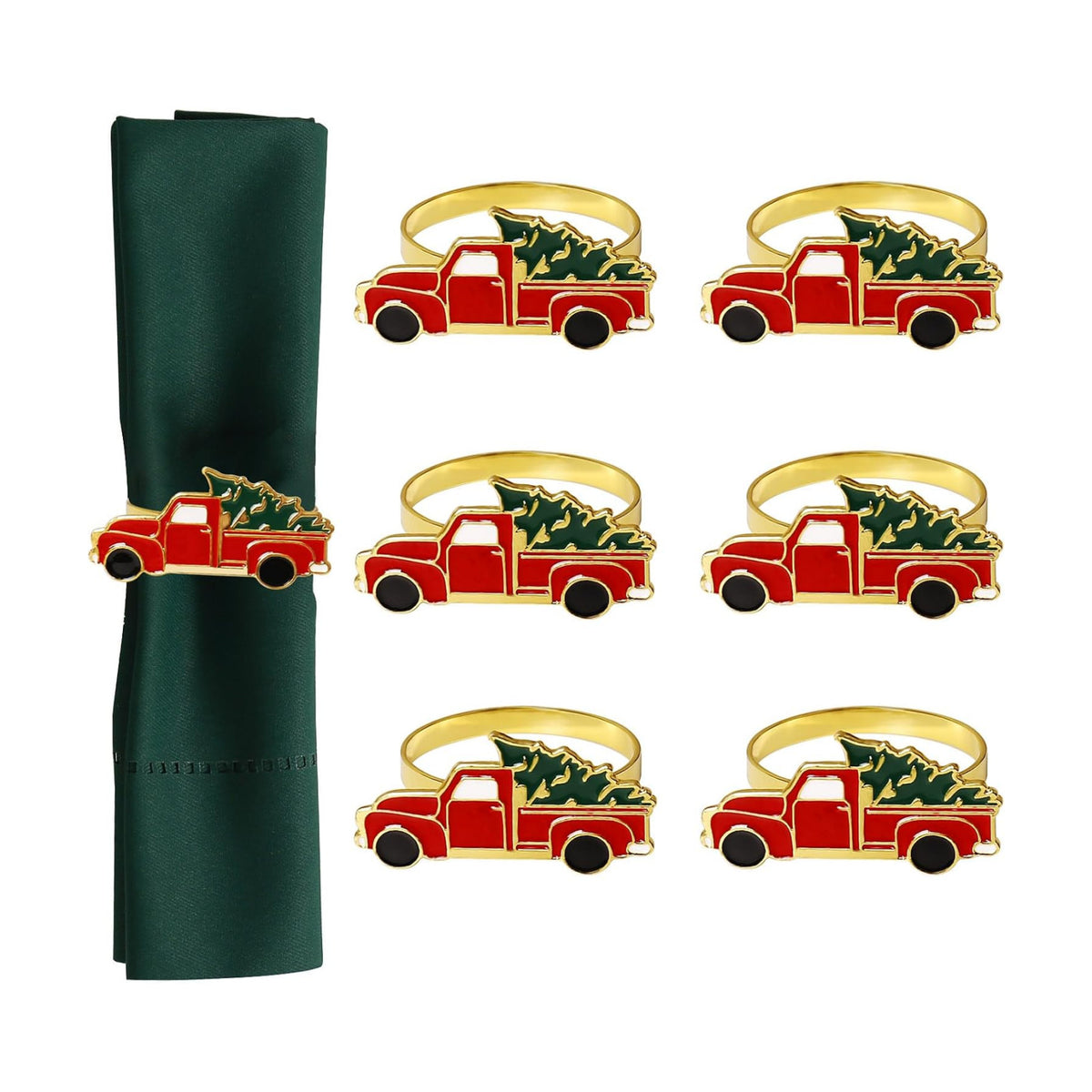 Christmas Car and Tree Napkin Rings Set of 6, Xmas Festive Holiday Red and Green Napkin Rings Holder for Christmas,Thanksgiving,Dinner Party Table Decoration