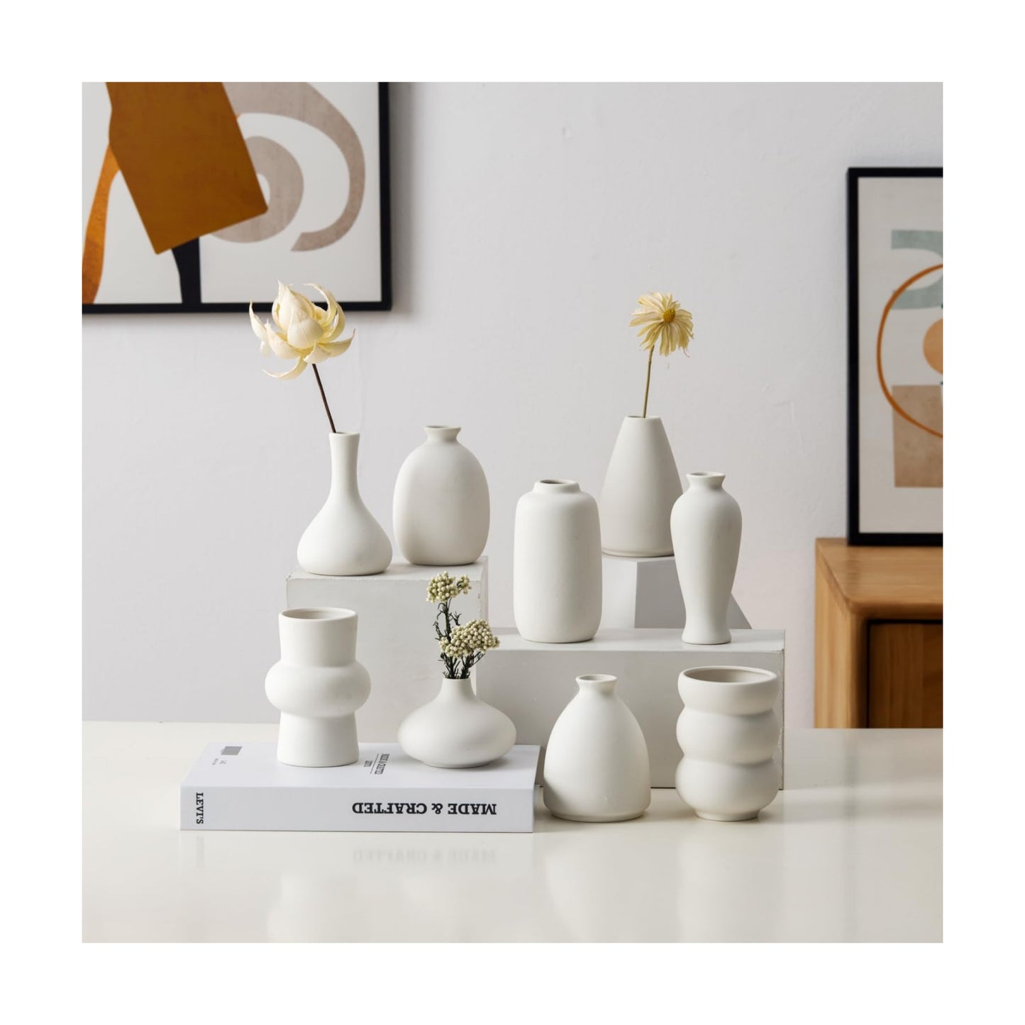 Ceramic Bud Vases for Pampas Grass Flowers / White / Set of 9