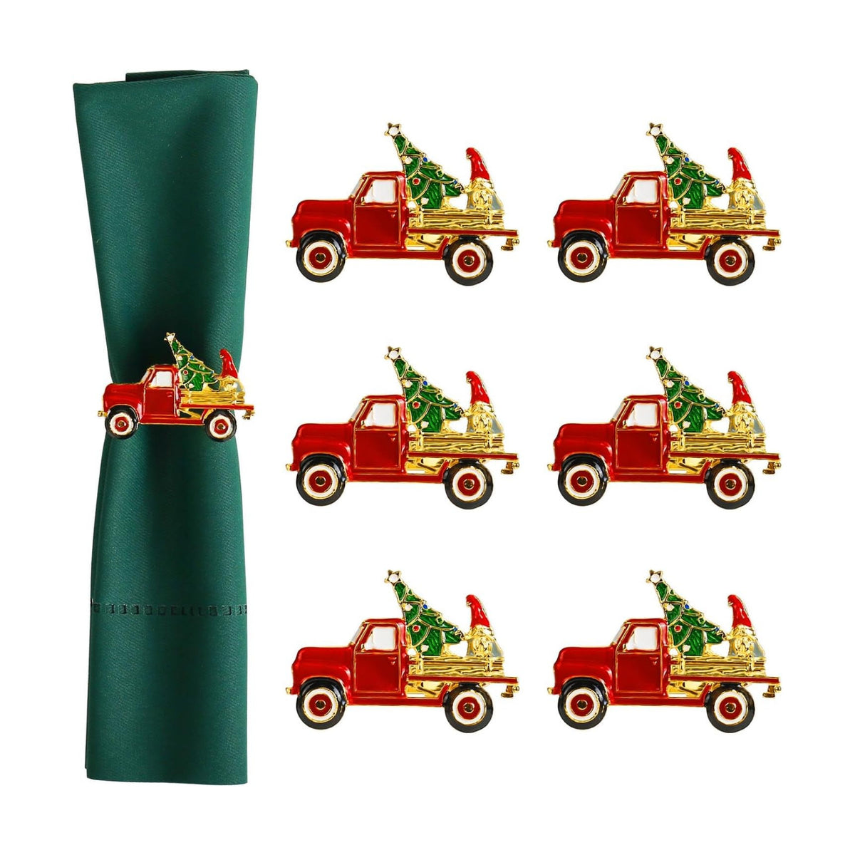 Christmas Car and Tree Napkin Rings Set of 6, Gnomes Xmas Truck and Tree Festive Holiday Red and Green Napkin Rings Holder for Christmas,Thanksgiving,Dinner Party Table Decoration