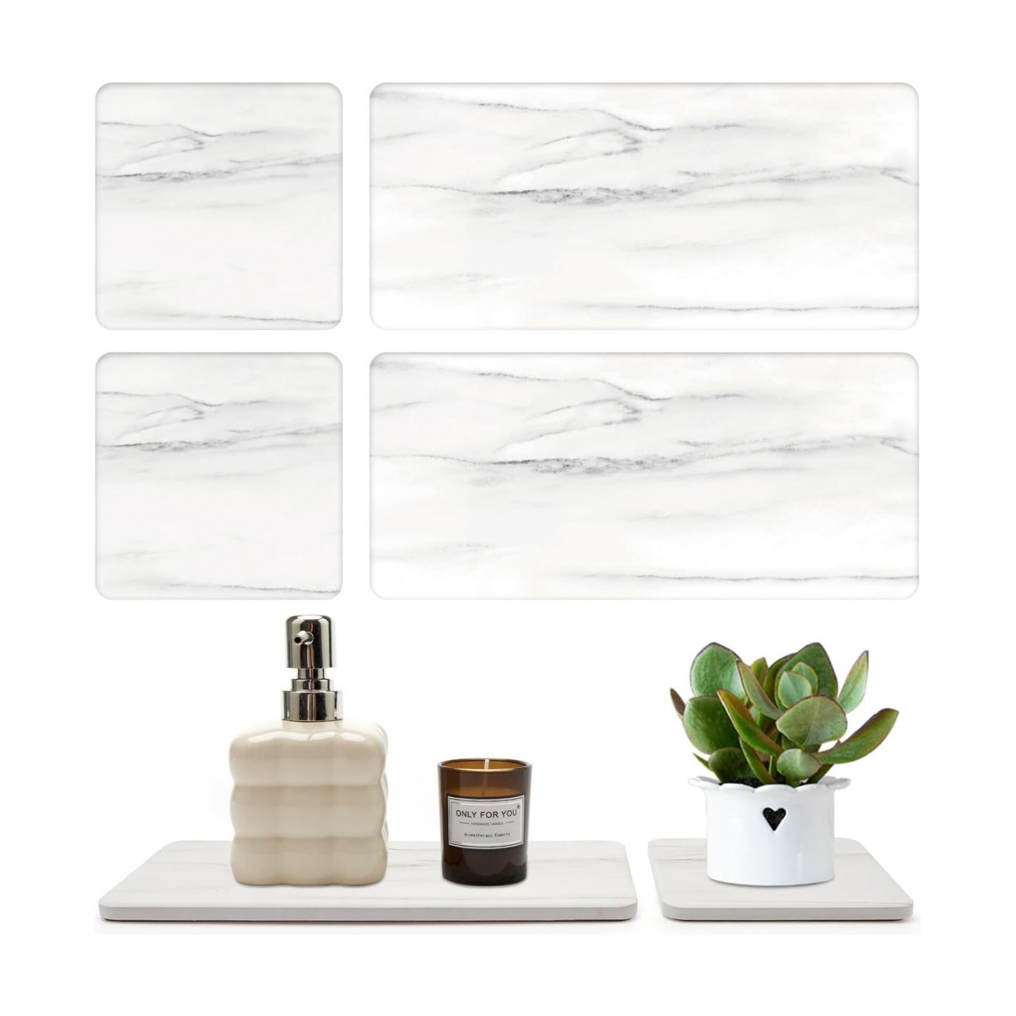 Water Absorbing Stone Drying Tray / White Marble / Set of 4