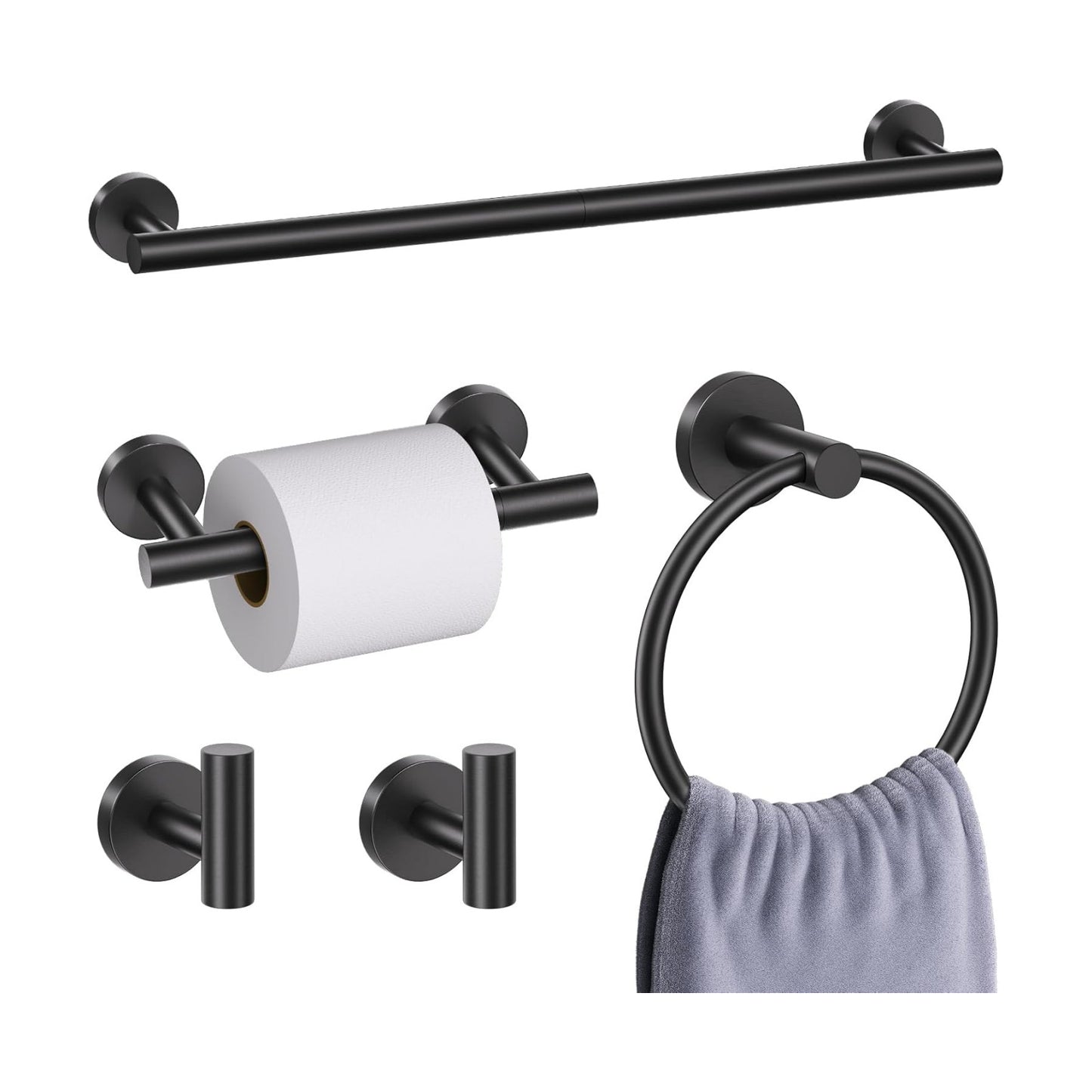5 Pieces Matte Black Bathroom Hardware Accessories Set, Bathroom 23.6 Inch Towel Bar Set Stainless Steel Toilet Paper