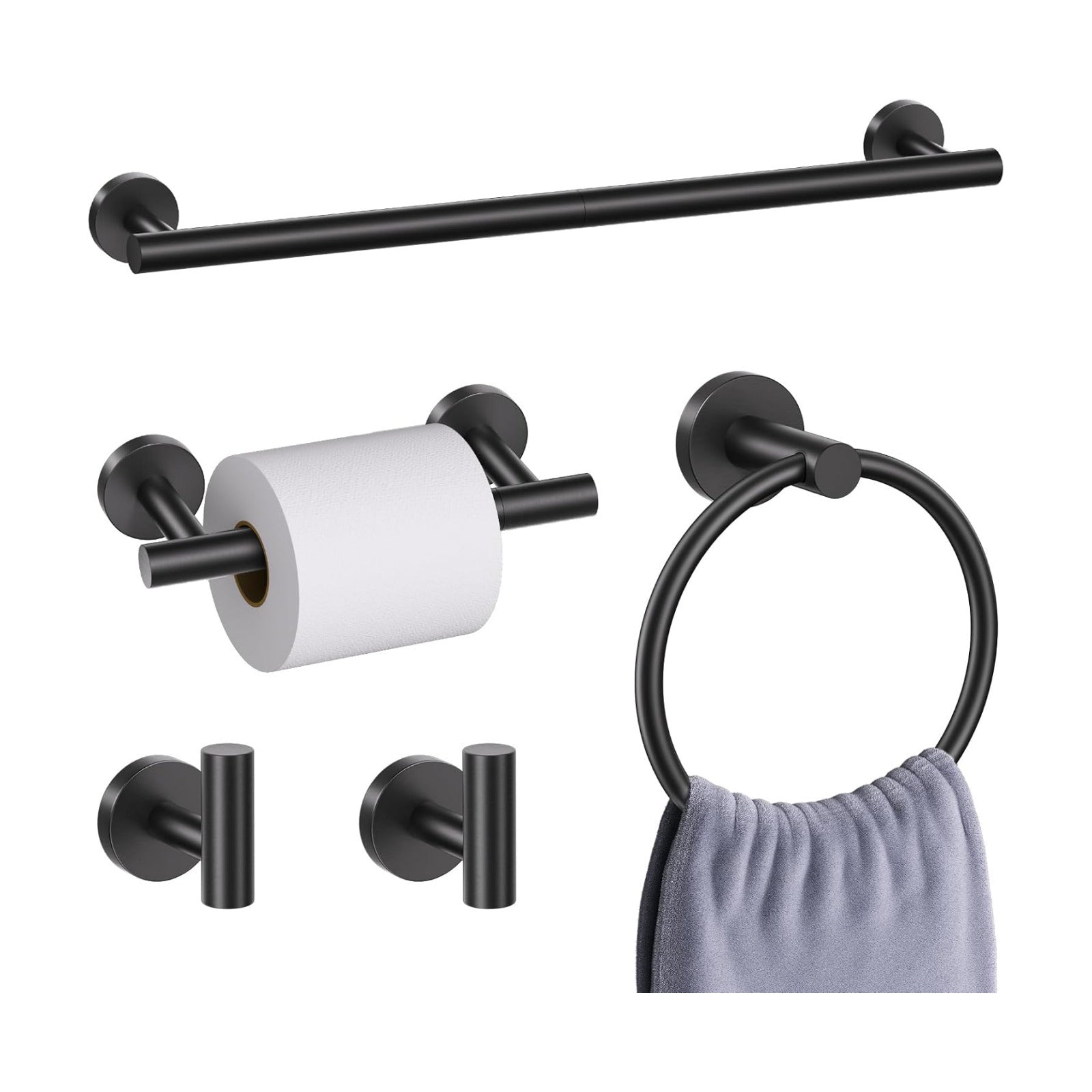 5 Pieces Matte Black Bathroom Hardware Accessories Set, Bathroom 23.6 Inch Towel Bar Set Stainless Steel Toilet Paper