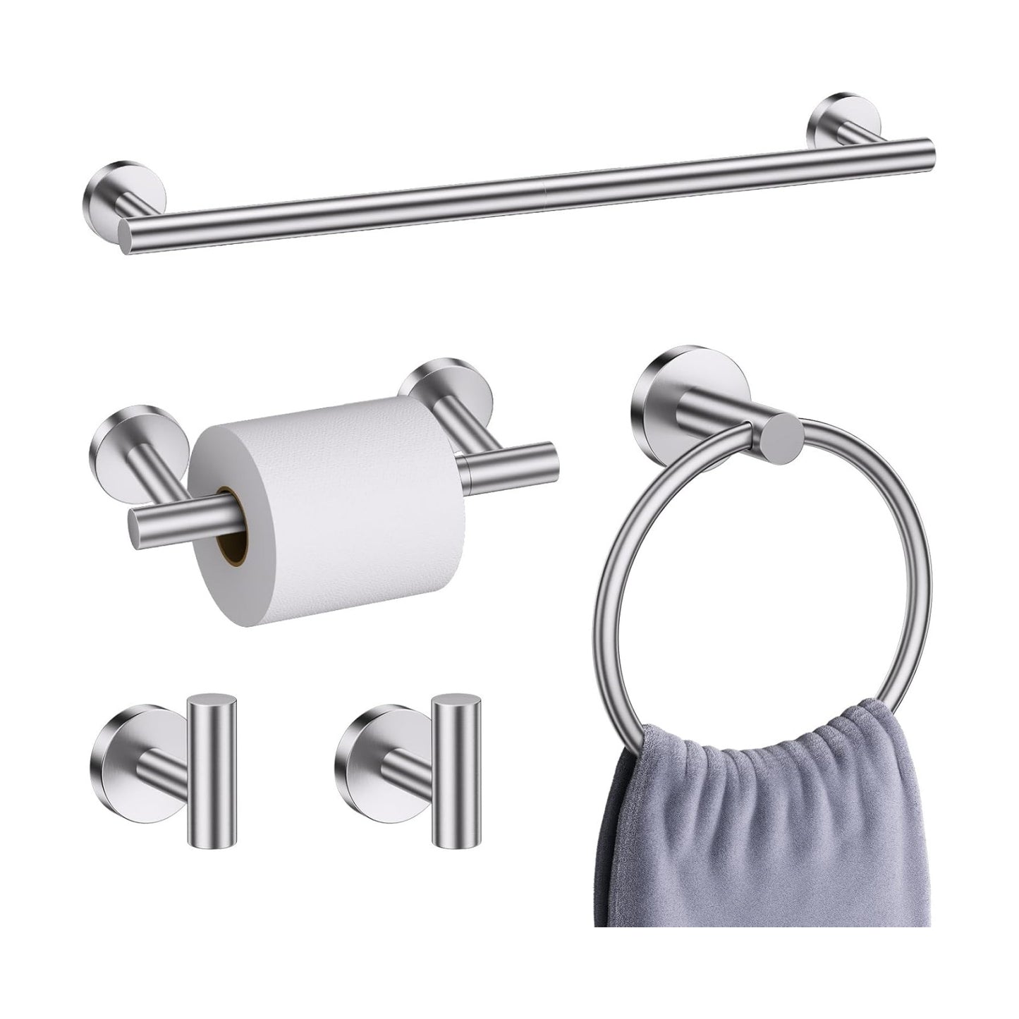 Brushed Nickel Bathroom Hardware Accessories Set, 5 Pieces Round Towel Bar Set Toilet Paper Holder Towel Rail Set for