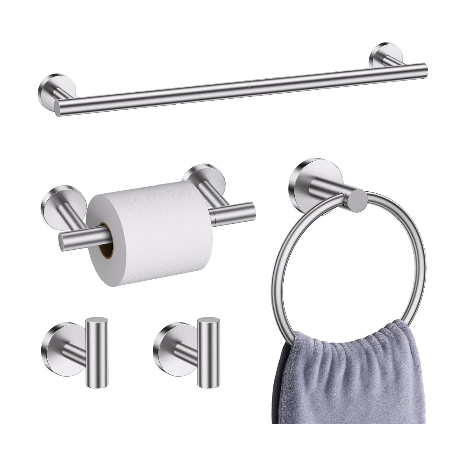 Brushed Nickel Bathroom Hardware Accessories Set, 5 Pieces Round Towel Bar Set Toilet Paper Holder Towel Rail Set for