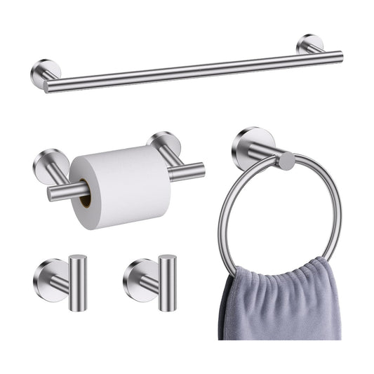 Brushed Nickel Bathroom Hardware Accessories Set, 5 Pieces Round Towel Bar Set Toilet Paper Holder Towel Rail Set for
