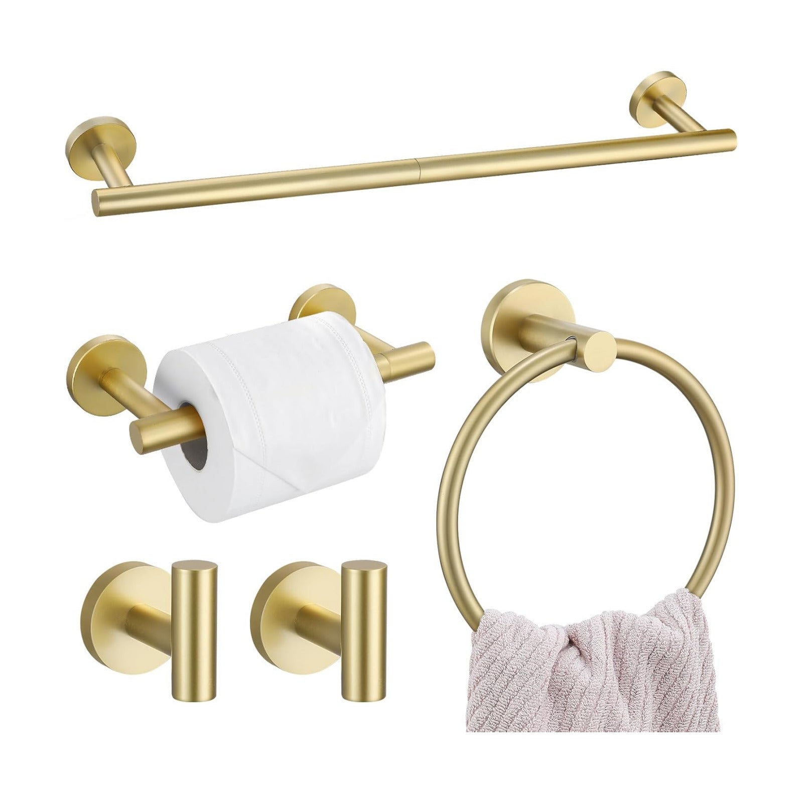 5 Pieces Brushed Gold Towel Bar Set, Upgraded Round Bathroom Hardware Accessories Set, Toilet Paper Holder Towel Holder