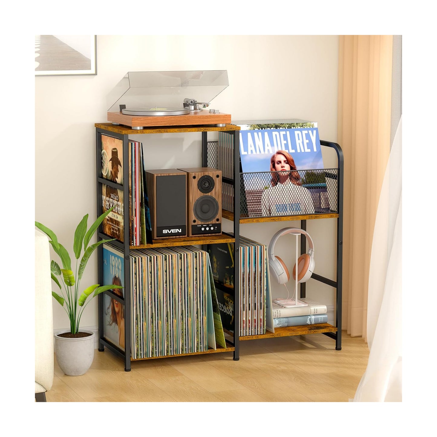 ThreeHio Record Player Stand, Turntable Stand with Vinyl Storage Holds up to 300+ Albums, Storage Cabinet for Vinyl