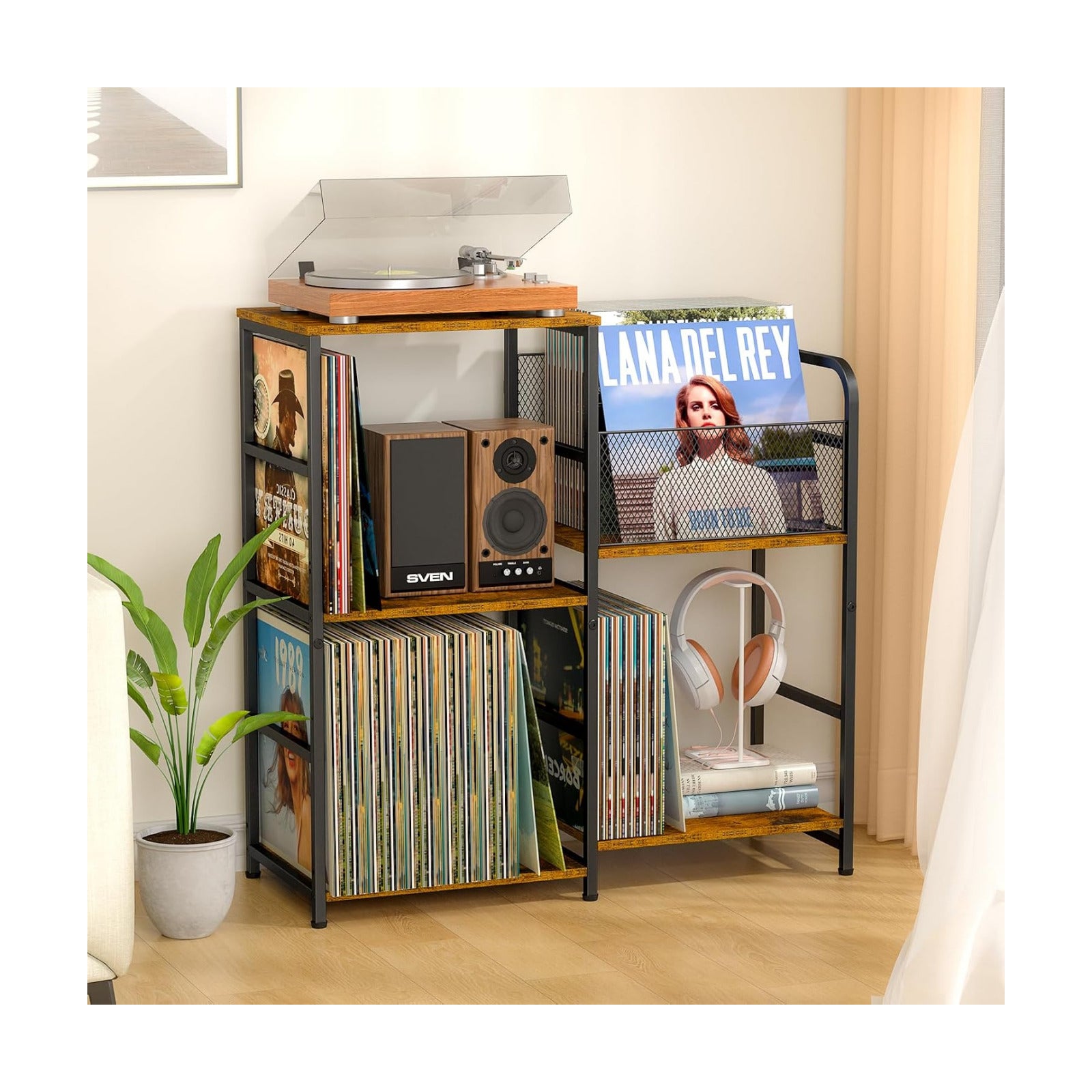 ThreeHio Record Player Stand, Turntable Stand with Vinyl Storage Holds up to 300+ Albums, Storage Cabinet for Vinyl