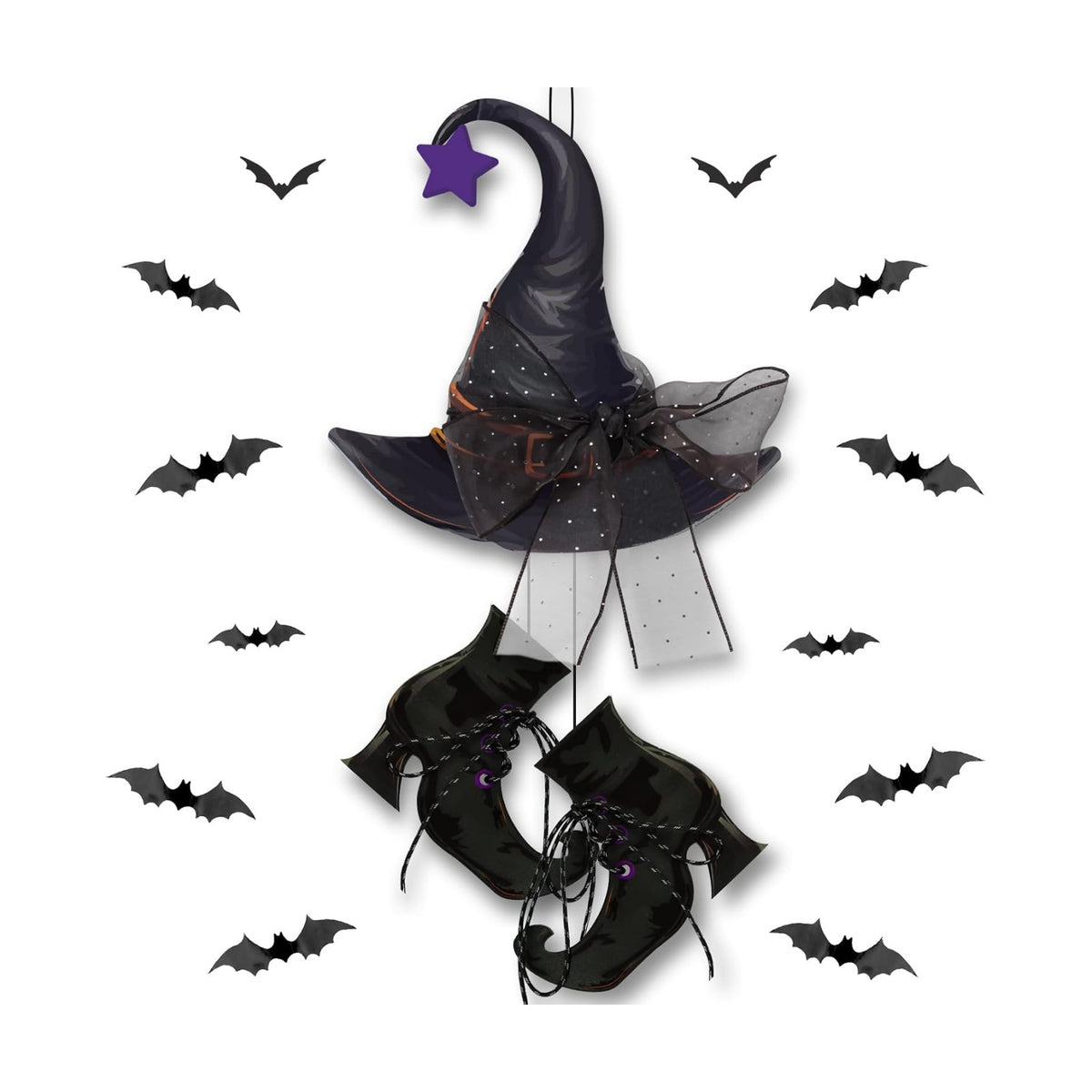 Halloween Witch Hanging Door Decor - Hocus Pocus Hat Shoes Sign Wreath Wooden Decorations with Bats for Wall Outdoor
