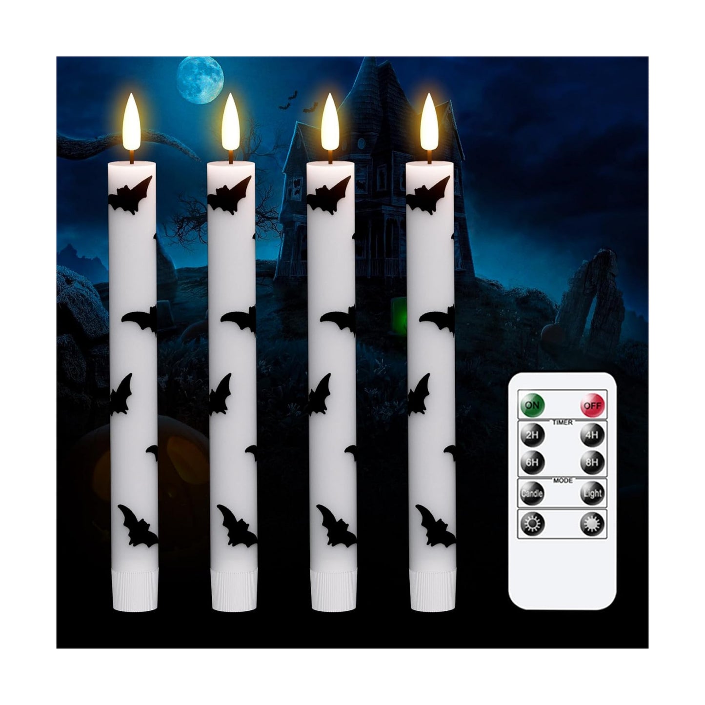 GenSwin Halloween Flameless Taper Candles, 4 Pack LED Taper Candles Battery Operated with Remote Timer, Real Wax White
