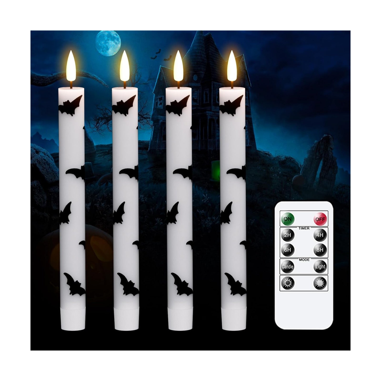 GenSwin Halloween Flameless Taper Candles, 4 Pack LED Taper Candles Battery Operated with Remote Timer, Real Wax White