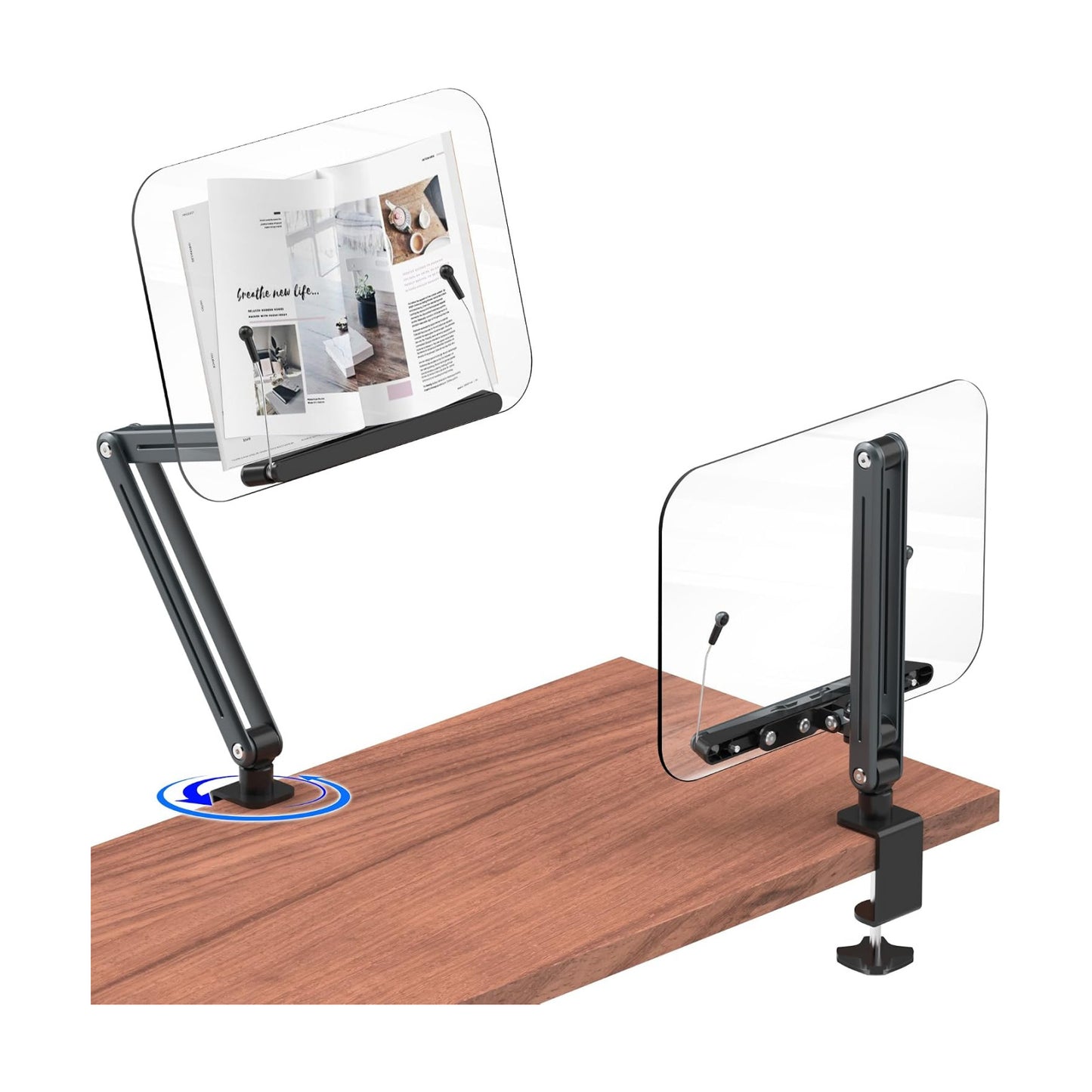 Desk Clamp Acrylic Book Stand for Reading, Ergonomic Design Adjustable Height up to 20 inches with Rotating Bases