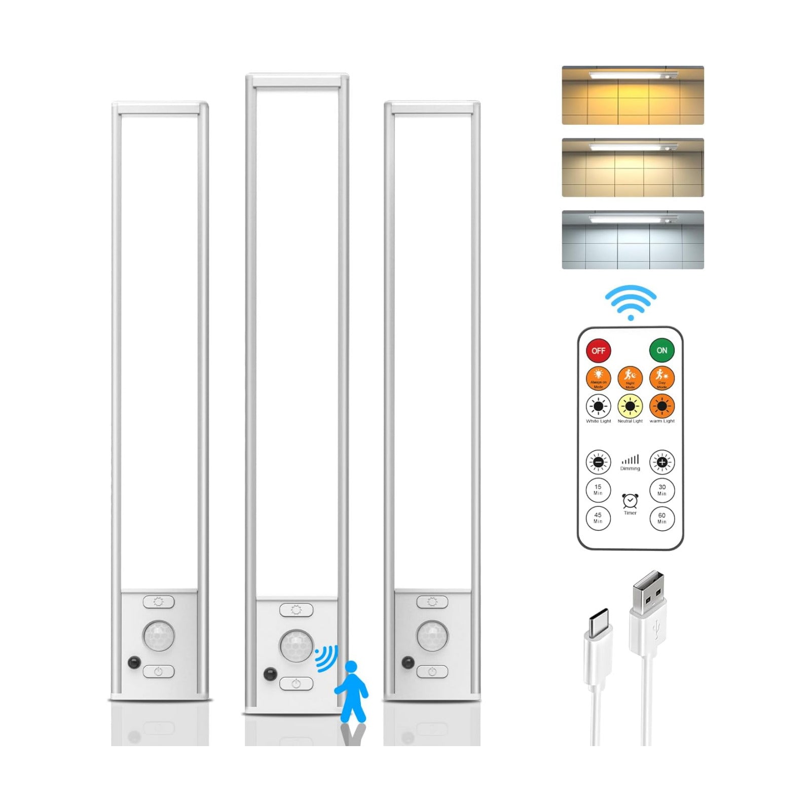 Under Cabinet Lights with Remote Control, USB Rechargeable Battery 180 Lumen Motion Sensor Indoor Light,3 Pack Wireless