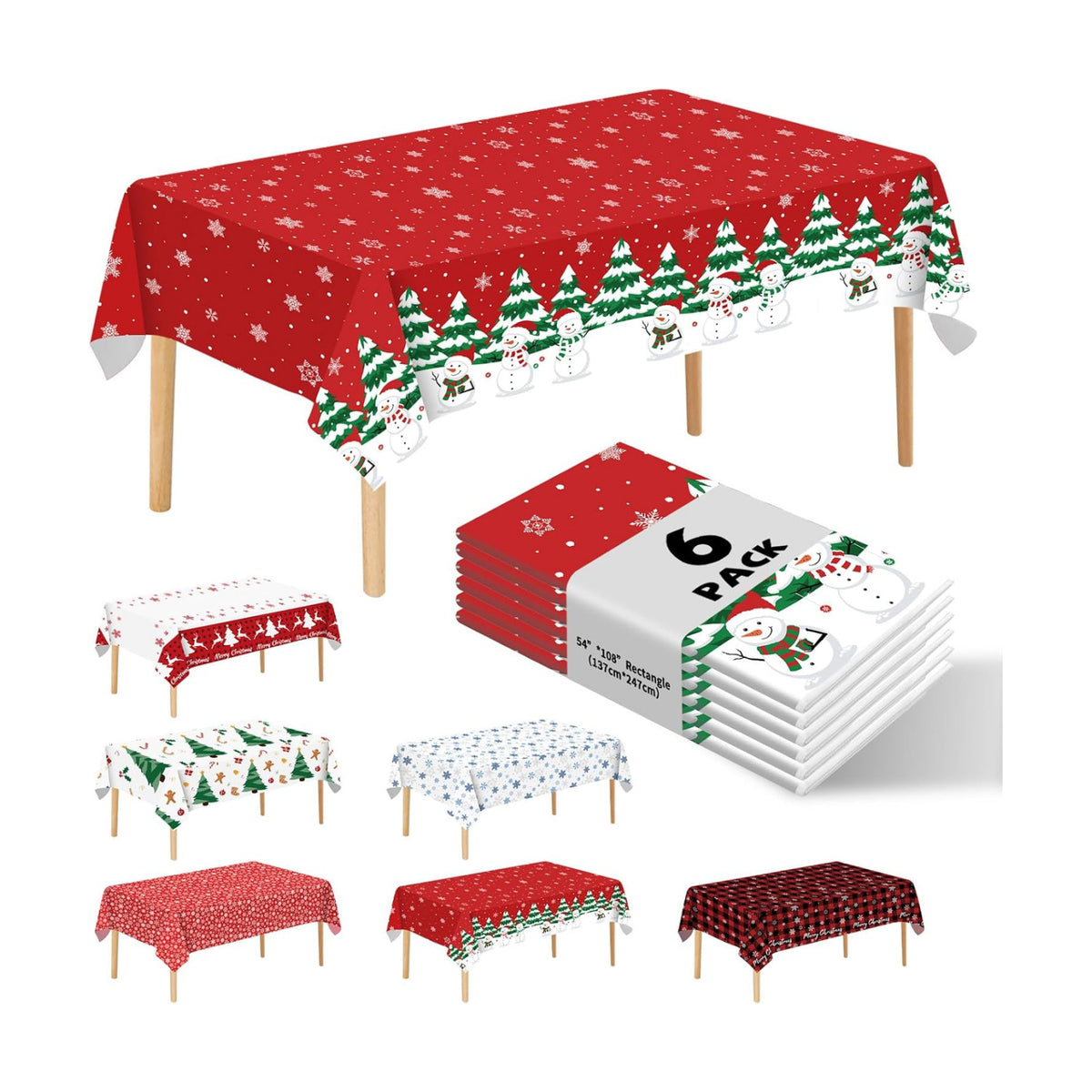 6 Pack Disposable Plastic Tablecloth - Christmas Snowman Table Cover for Party Decoration Supplies - 54 x 108 Inches (Christmas Snowman)