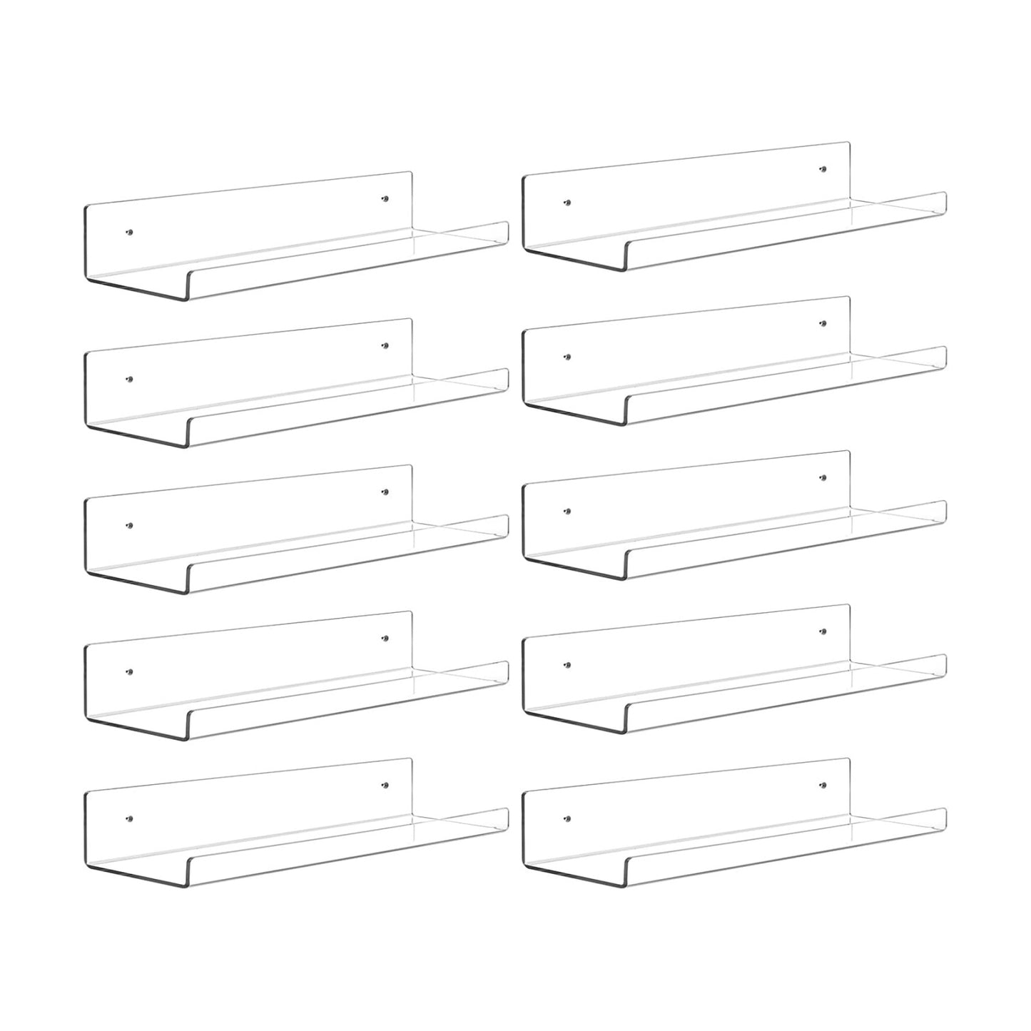 Dezzer 10 Pack Acrylic Shelves for Wall, 15" Clear Acrylic Floating Shelves for Bathroom Bedroom, Invisible Bookshelf