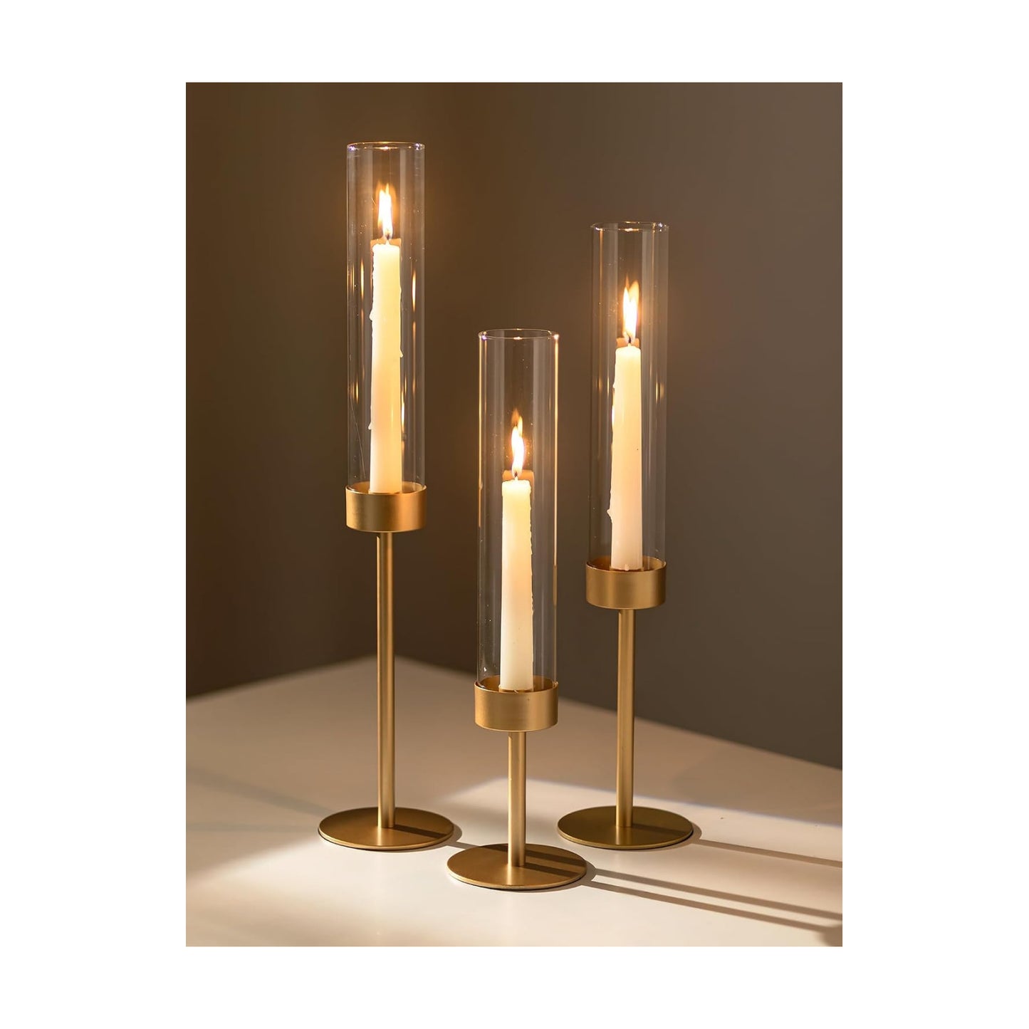 Romadedi Glass Hurricane Candle Holders for Candlestick, Gold, Set of 3 | Removable Borosilicate Clear Glass Cylinder