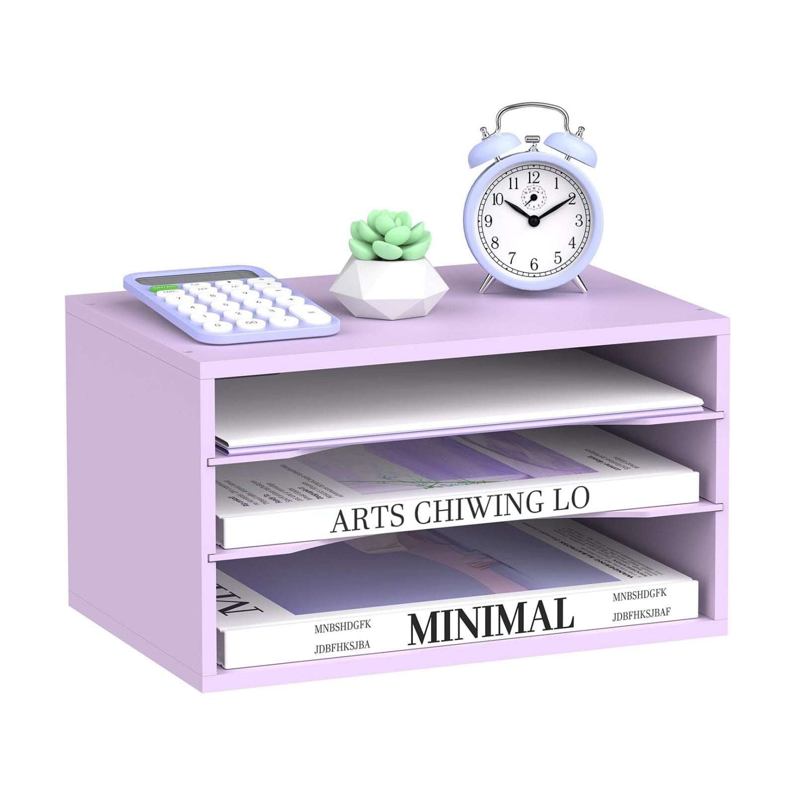 3 Tier Wood Desk Organizer, Paper Organizer for Desk, Purple | Wooden Desktop Organizer for Sorting Papers, Letters and