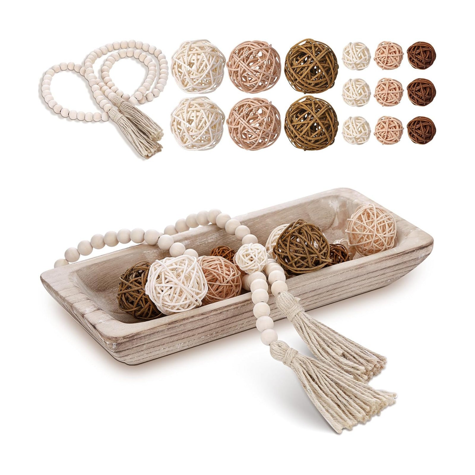 Wooden Centerpiece Table Decorations Wood Dough Bowl Wicker Rattan Balls Beads / White / Set of 17