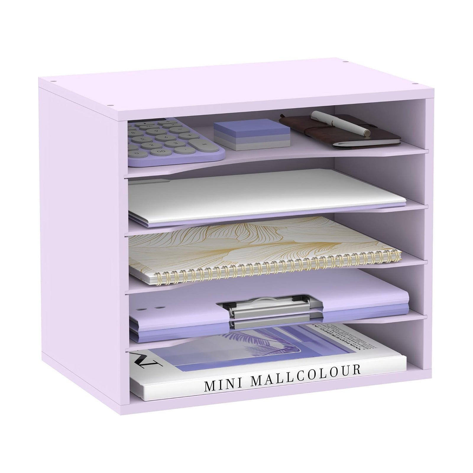 5 Tier Wood Desk Organizer, Paper Organizer for Desk, Purple | Wooden Desktop Organizer for Sorting Papers, Letters and