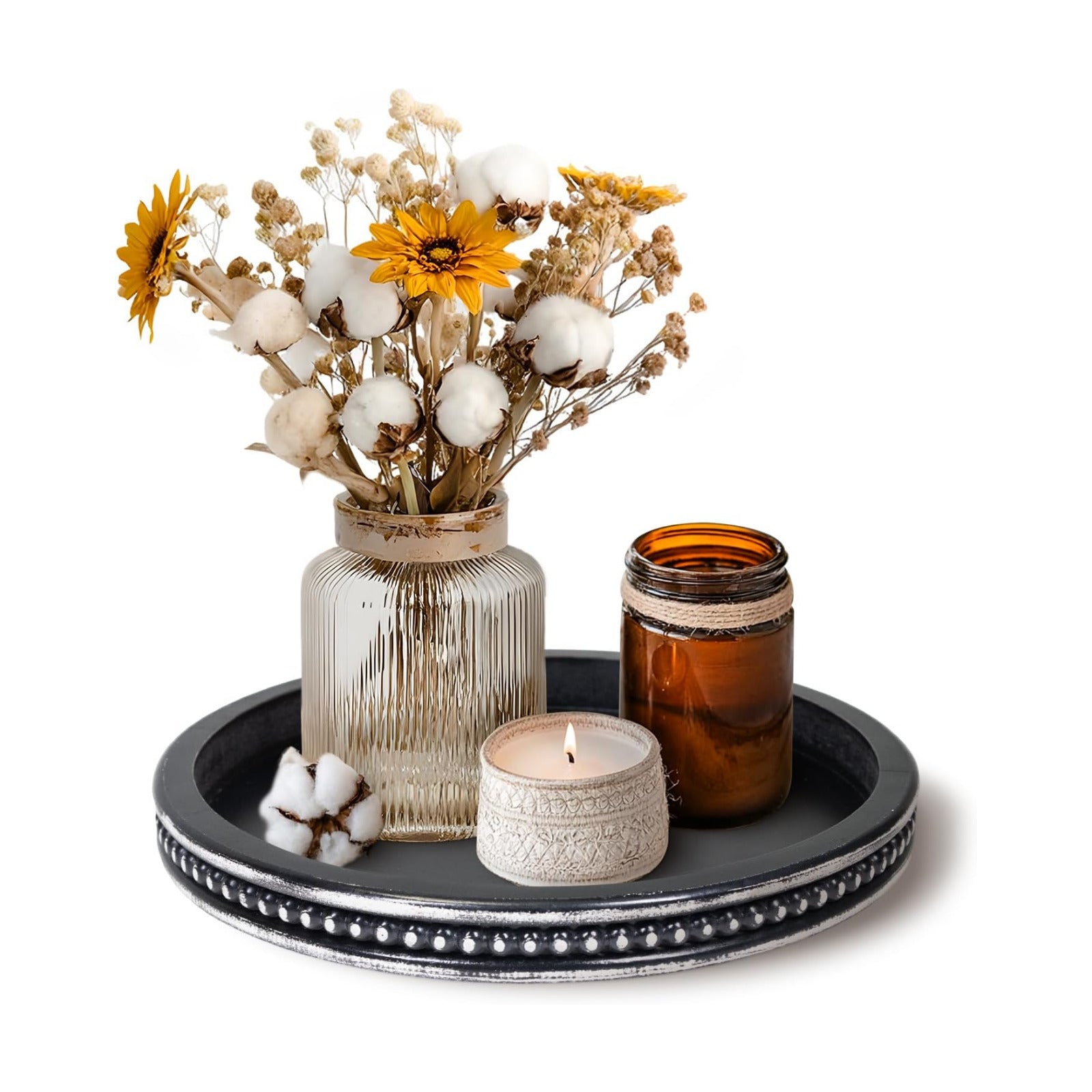 White Farmhouse Bead Round Trays / 11.8 / Washed Black-beaded