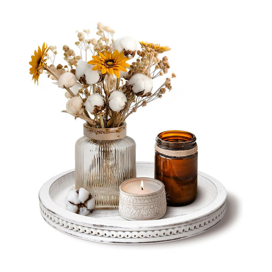 White Farmhouse Bead Round Trays / 11.8 / Washed White-beaded