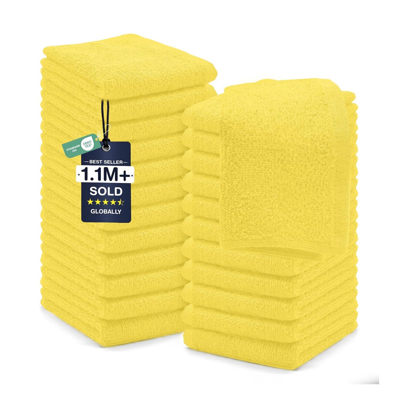 DAN RIVER 24 Pack Cotton Wash Cloths Set for Showering [12x12] Yellow | Lighter Weight, Quick to Dry, Super Soft &