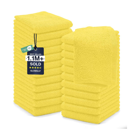 DAN RIVER 24 Pack Cotton Wash Cloths Set for Showering [12x12] Yellow | Lighter Weight, Quick to Dry, Super Soft &