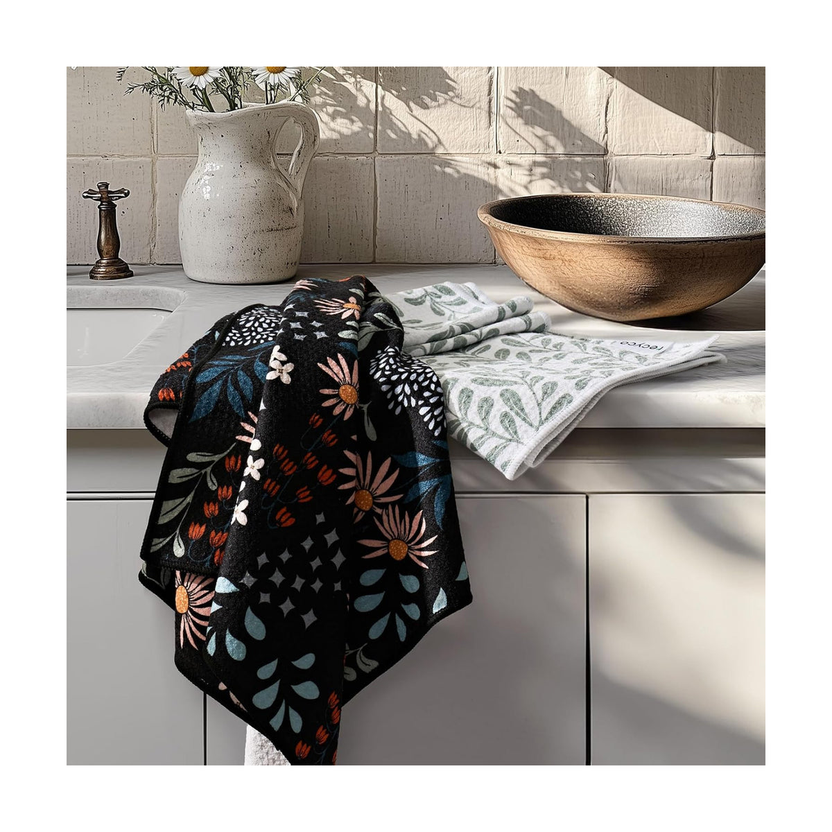 RECYCO Waffle Kitchen Towel Set of 2 - Quick Dry Microfiber Sustainable Dish Towels - Ultra Absorbent Reusable Cleaning Tea Towels - Lightweight Hand Towels,16”x 28”, Enchanted Bloom