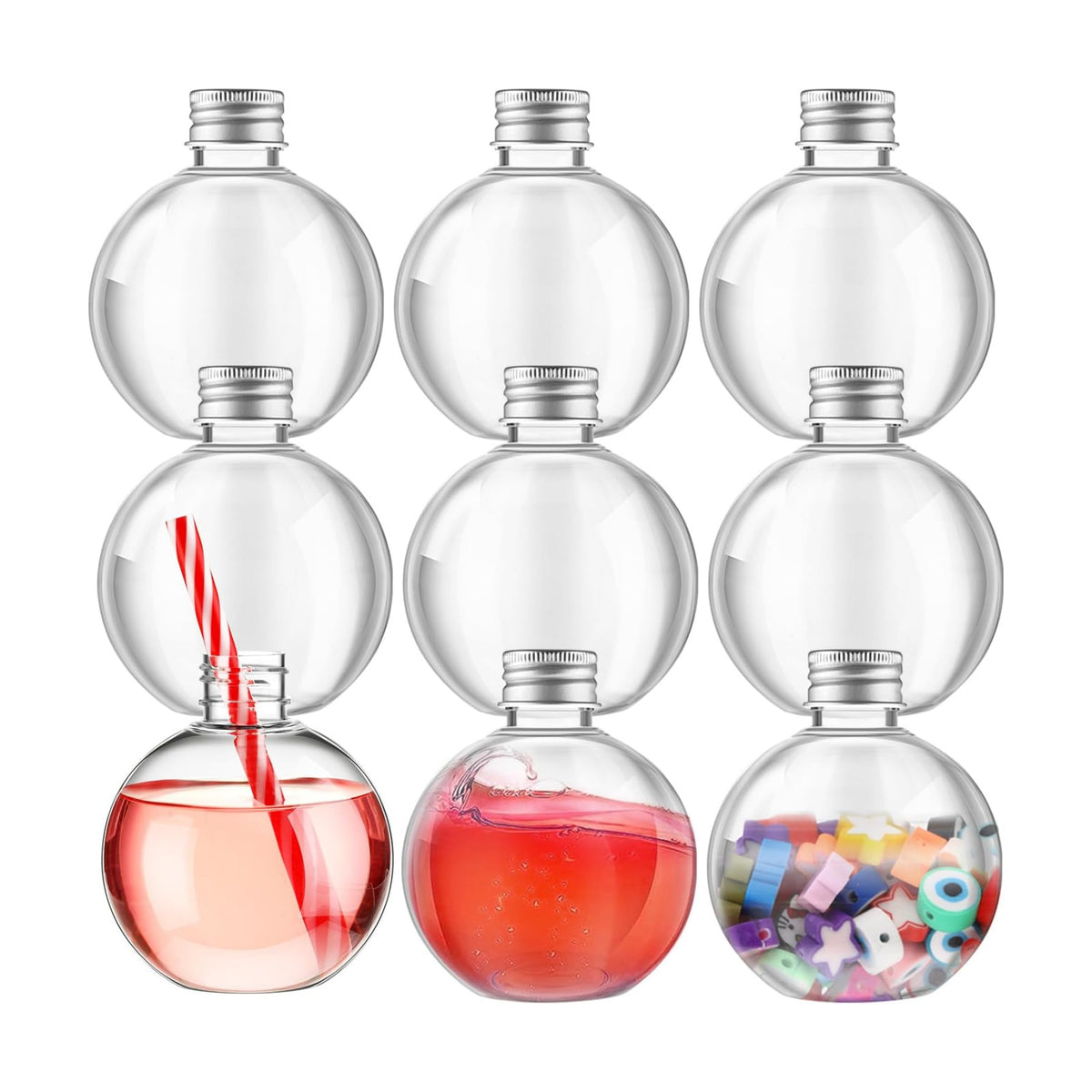 Jinei 9 Pcs 8 Oz Clear Plastic Potion Bottles Sphere Corked,Silver,Lid