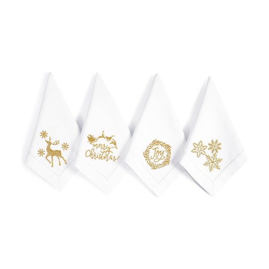 Bedding Craft Cotton Cloth Dinner Napkins, White & Gold, 18x18, 12-Pack | 100% cotton, gold embroidery, machine