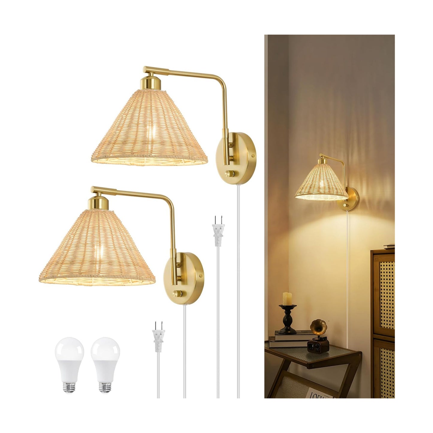 Plug in Wall Sconces Set of 2, Rattan Wall Lamps with Cord and Dimmer Switch, Gold Swing Arm Wall Mounted Bedside Lamps