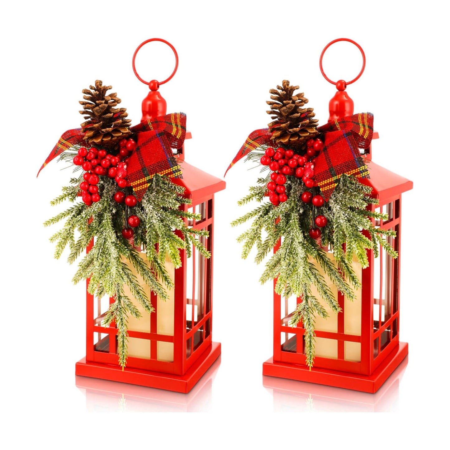 2 Pcs Christmas Metal Lantern with LED Flameless Hang Decor,Red,Berries