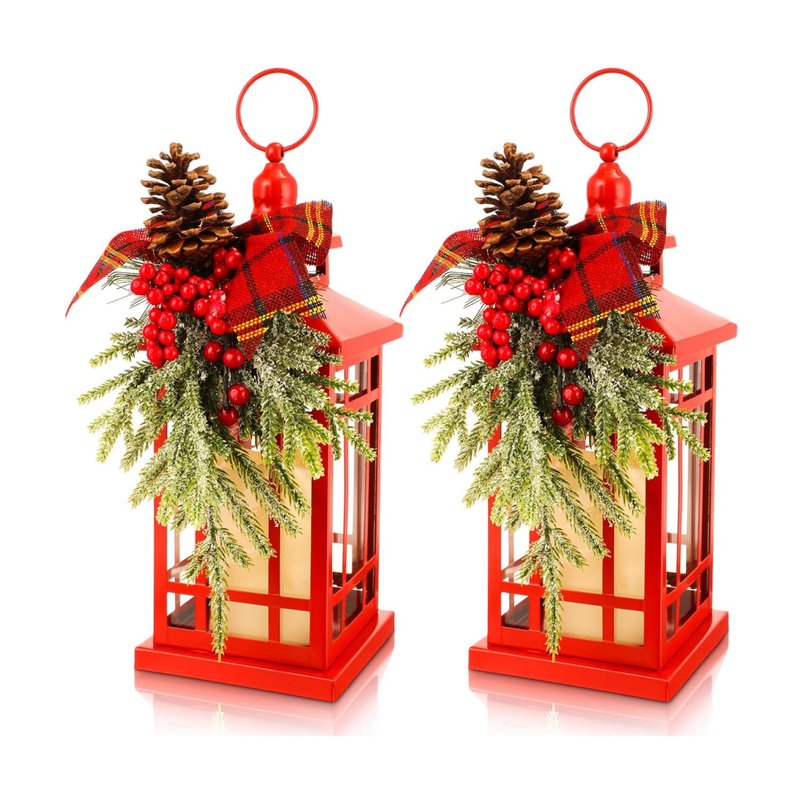 2 Pcs Christmas Metal Lantern with LED Flameless Hang Decor,Red,Berries